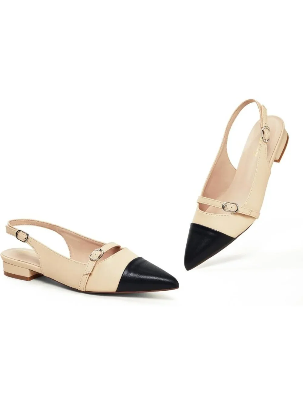 Women's Black Nude Leather Slingback Flats Rhinestone Closed Pointed Toe Shoes
